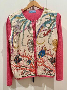 J.McLaughlin Silk Front Coral Reef Cardigan Sweater M/L
